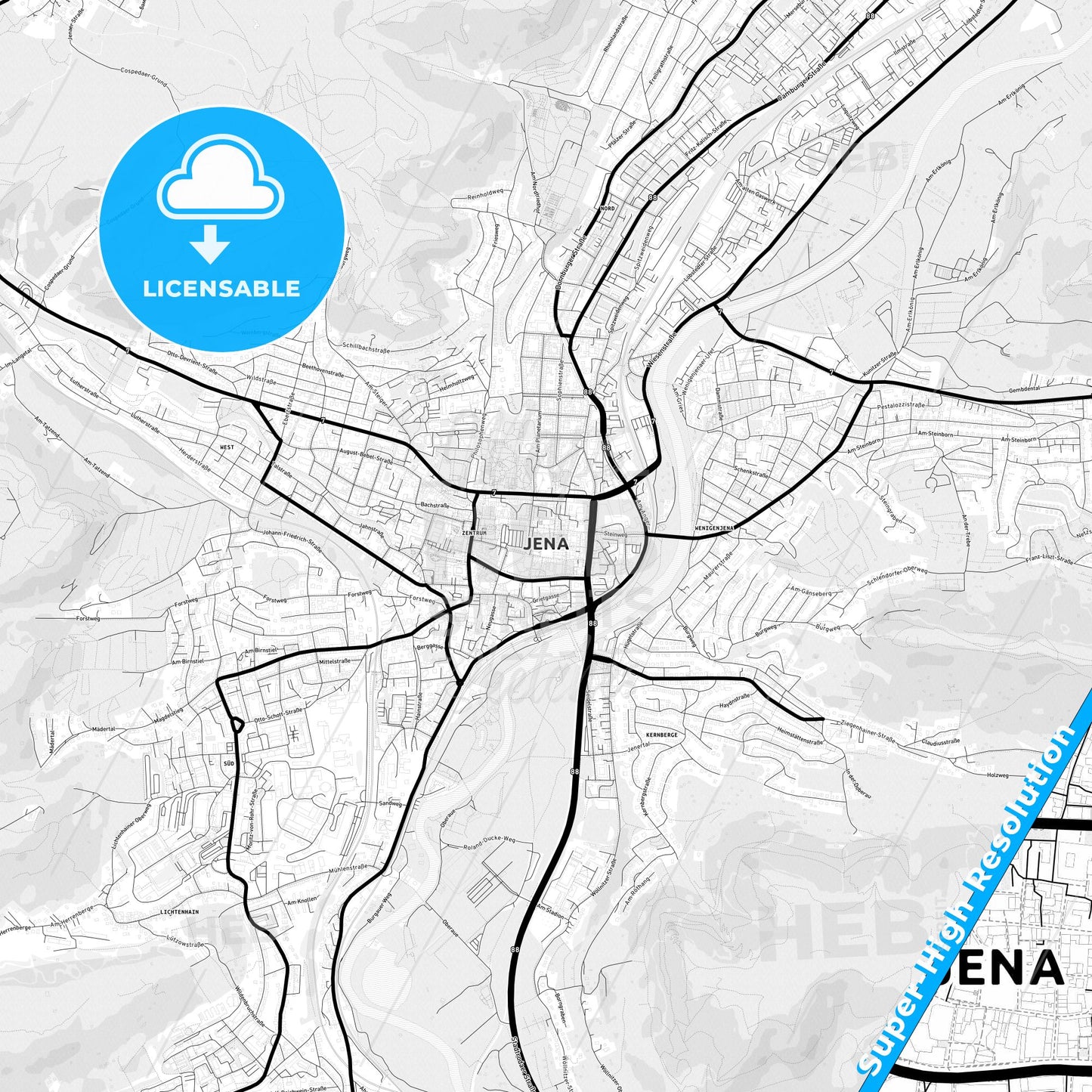 Jena, Germany Light Map with Street Names, City Names, and Districts