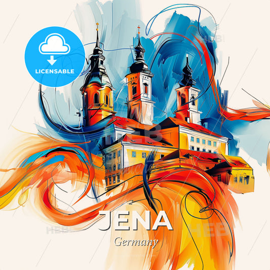 Vibrant Jena, Germany - A Painting Of A Building With A Colorful Swirl - Square format print template