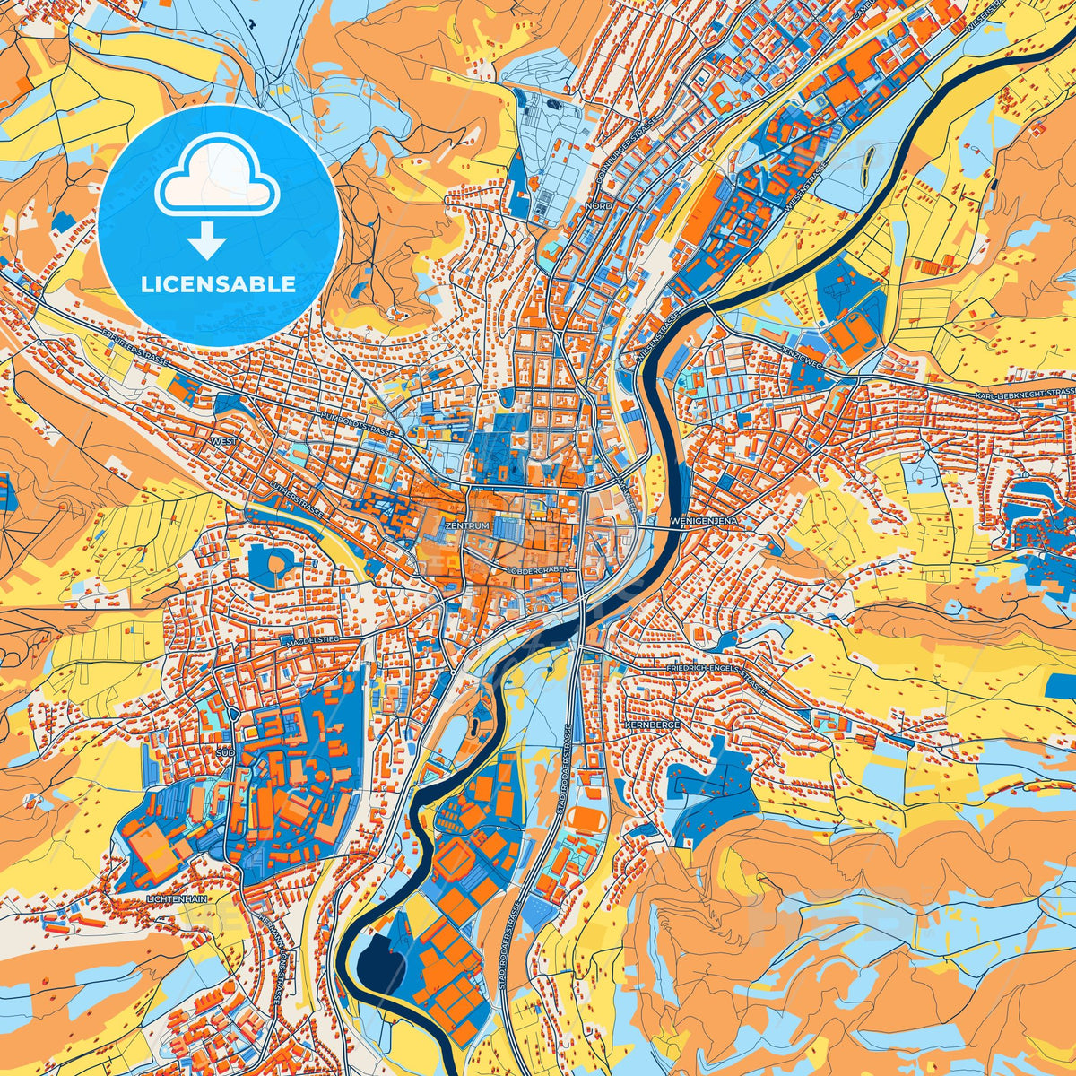 Colorful Jena Street Map with Labels and Buildings