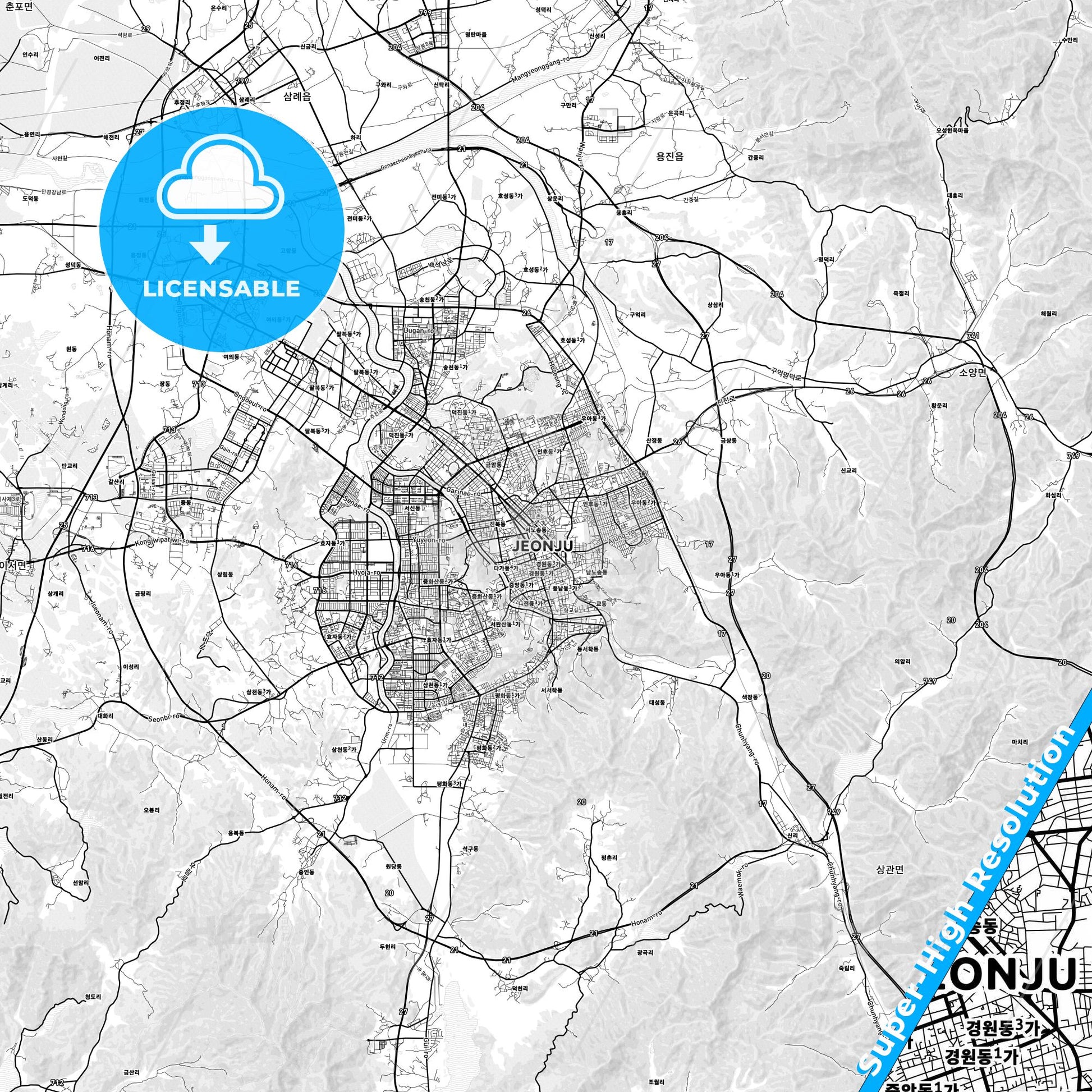 Jeonju, South Korea light map with streetnames, citynames and districts