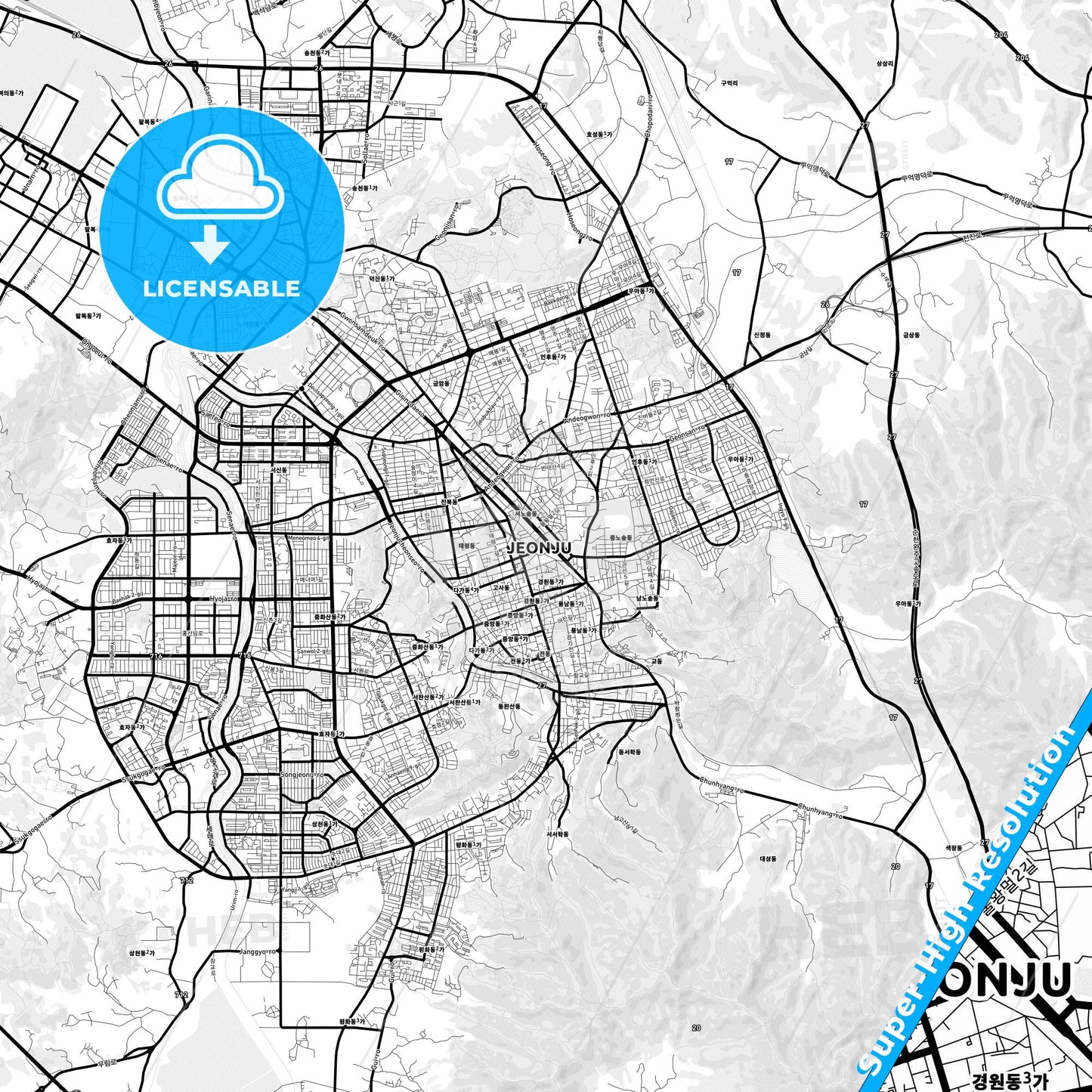Jeonju, South Korea Light Map with Street Names, City Names, and Districts