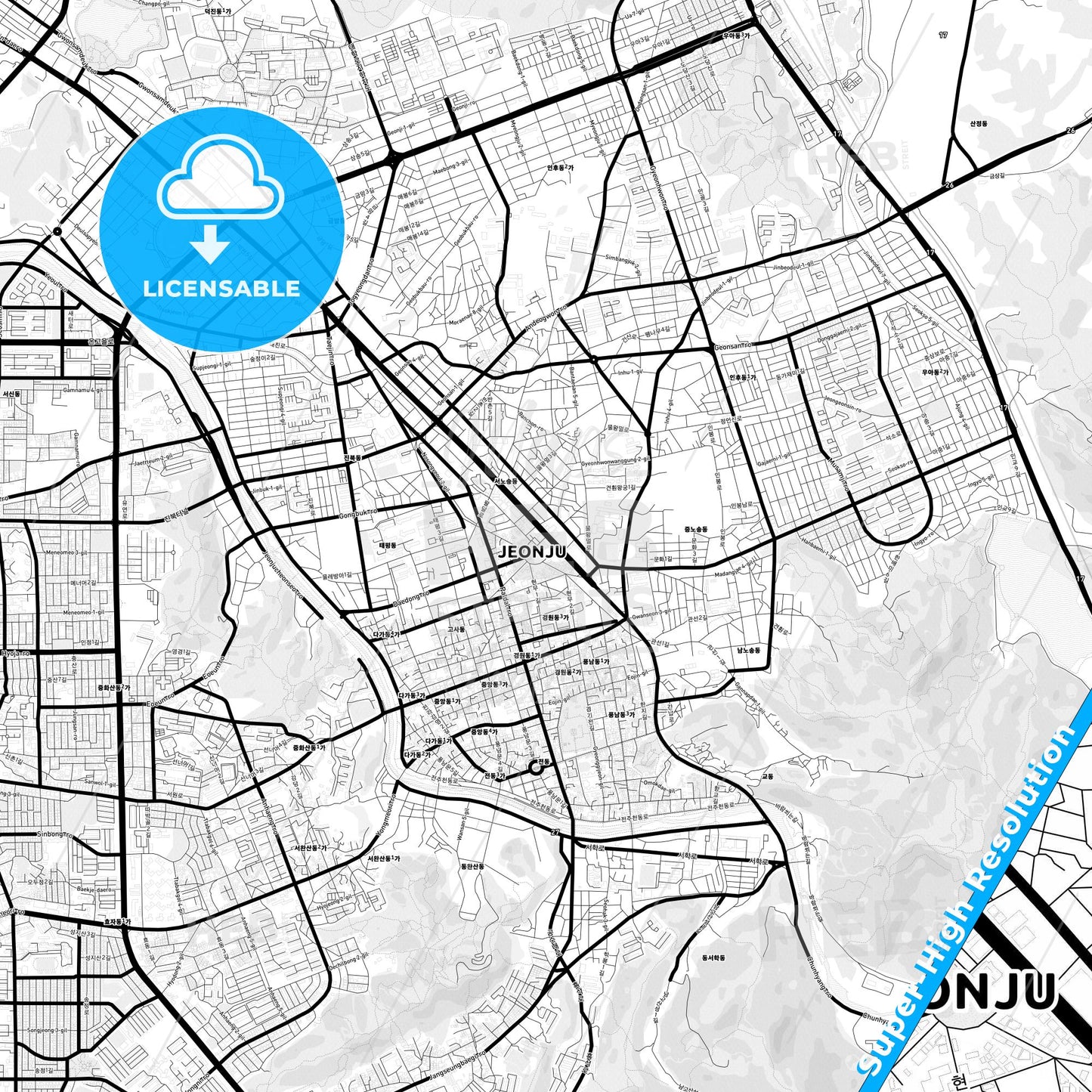 Jeonju, South Korea Light Map with Street Names, City Names, and Districts