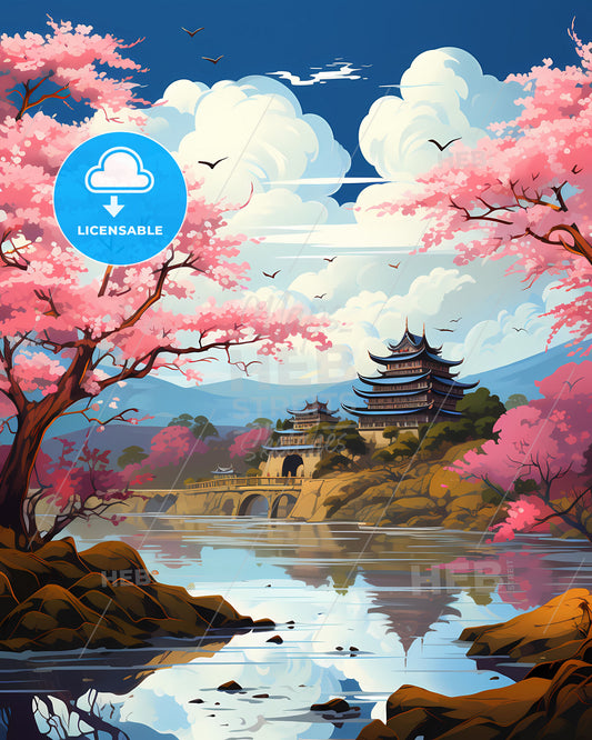 Panoramic Skyline of Jeonju South Korea with Lake, Pagoda, and Vibrant Pink Trees in Abstract Painting Style