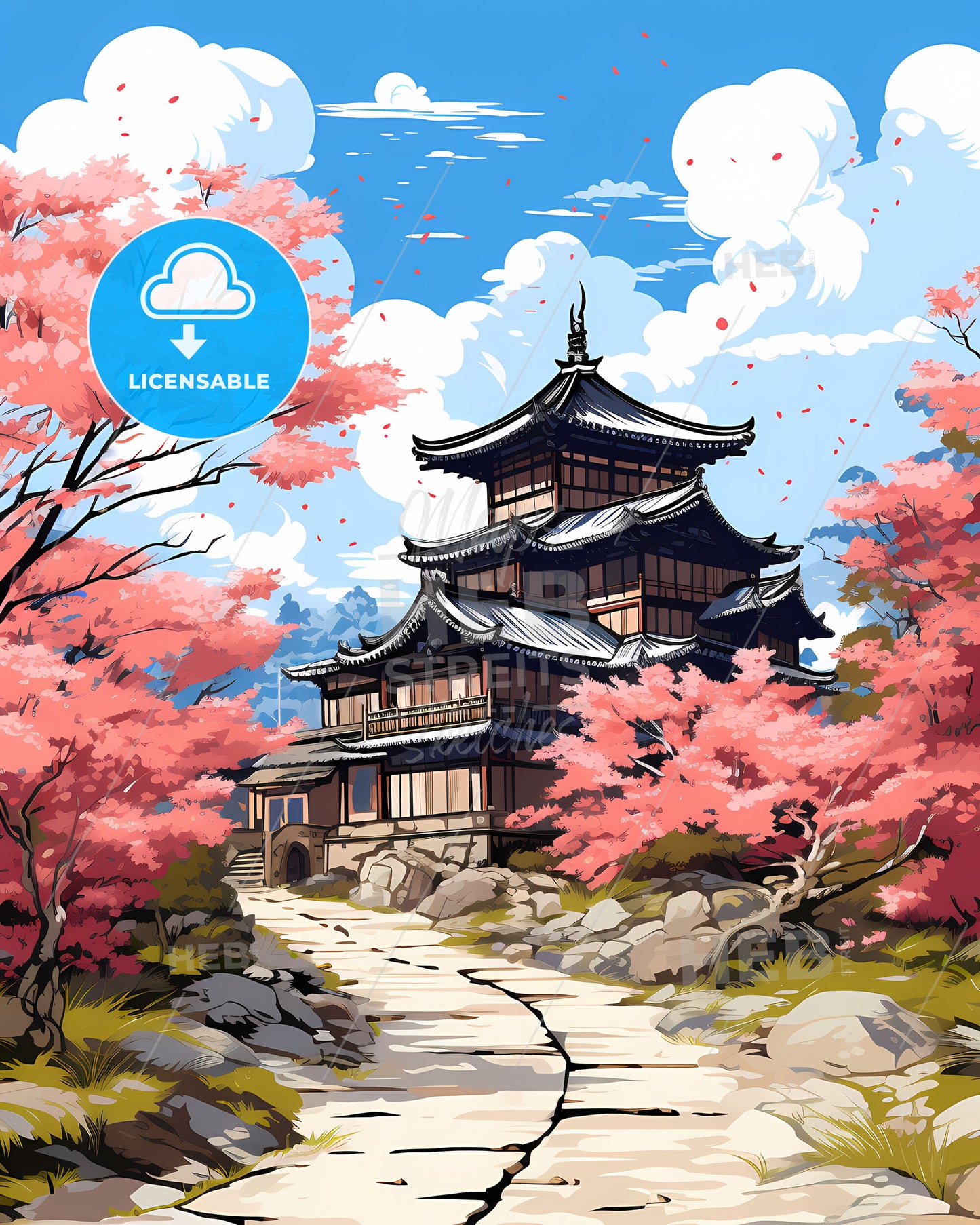 Vibrant Korean Art: Jeonju Cityscape with Pagoda and Cherry Blossoms