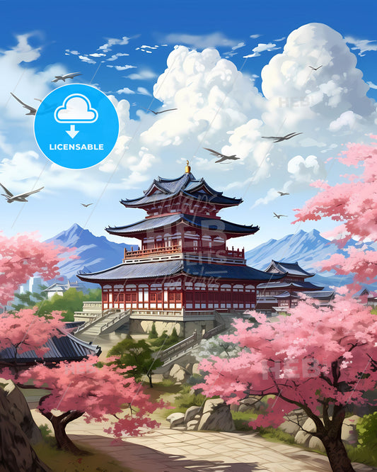 Jeonju Skyline Panorama South Korea Building Pagoda Cherry Blossoms Vibrant Painting Abstract