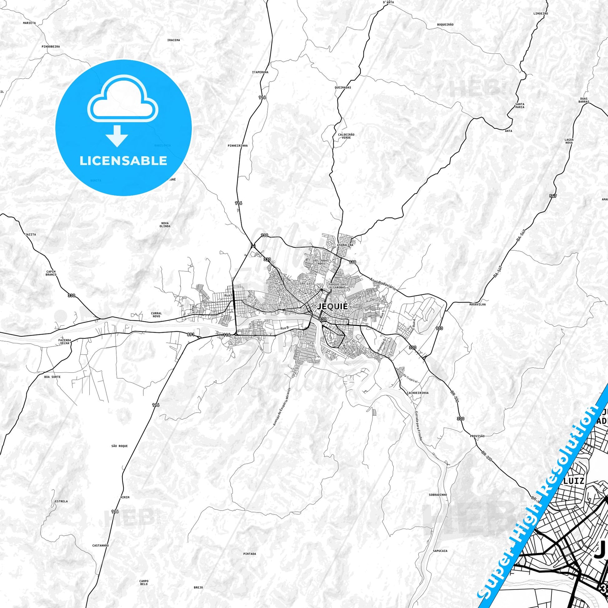 Jequie, Brazil light map with streetnames, citynames and districts