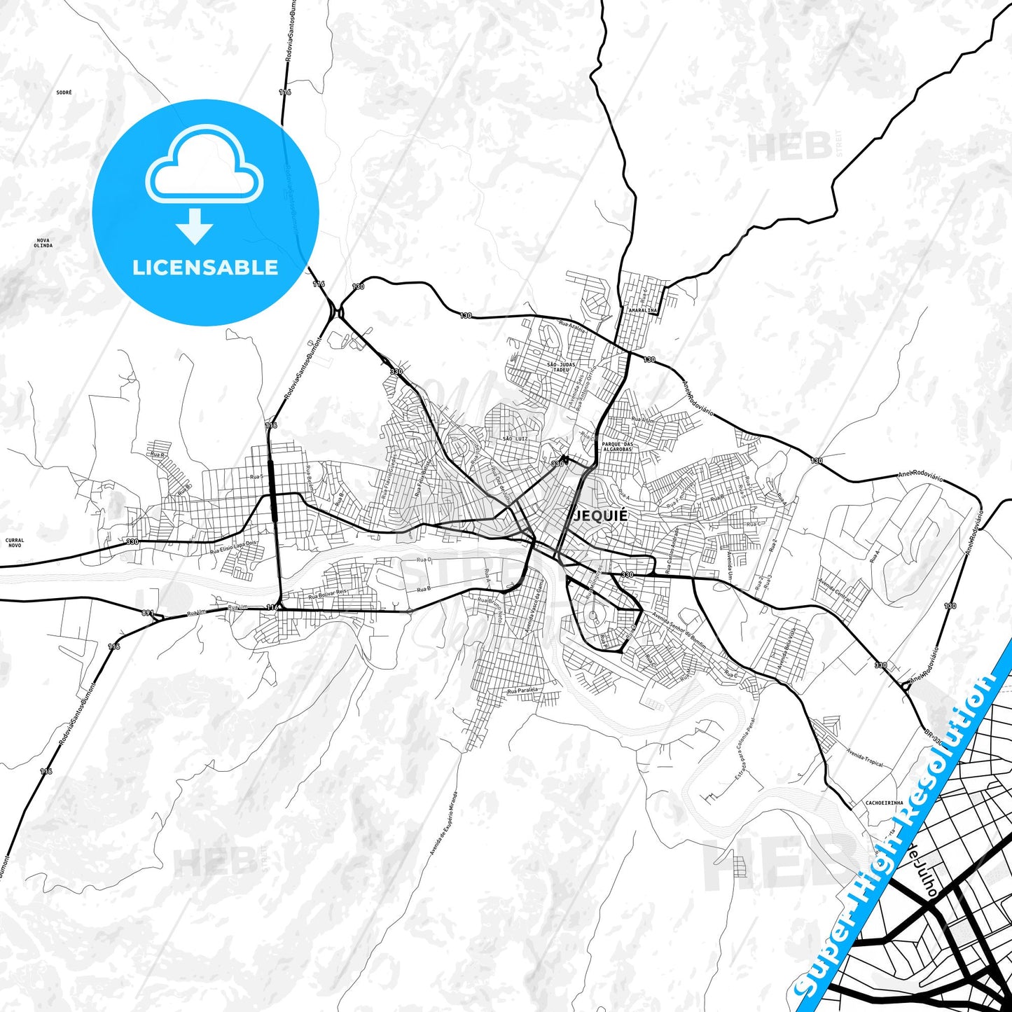 Jequie, Brazil Light Map with Street Names, City Names, and Districts