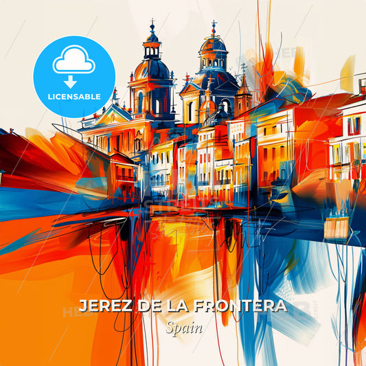Vibrant Jerez De La Frontera, Spain - A Painting Of A Building With A Colorful Background - Square format print template
