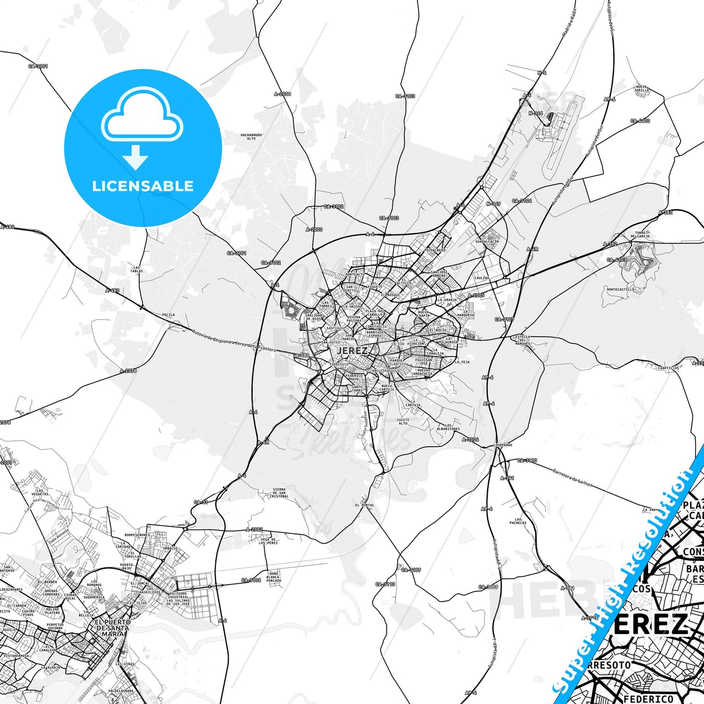 Jerez de la Frontera, Spain light map with streetnames, citynames and districts