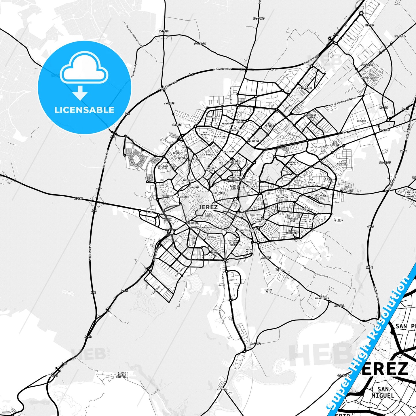 Jerez de la Frontera, Spain Light Map with Street Names, City Names, and Districts