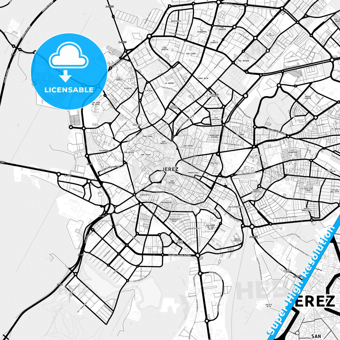 Jerez de la Frontera, Spain Light Map with Street Names, City Names, and Districts