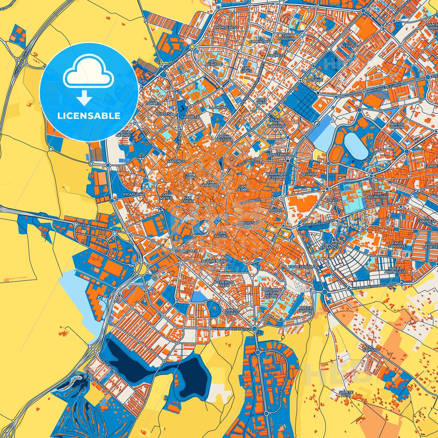 Colorful Jerez de la Frontera Street Map with Labels and Buildings