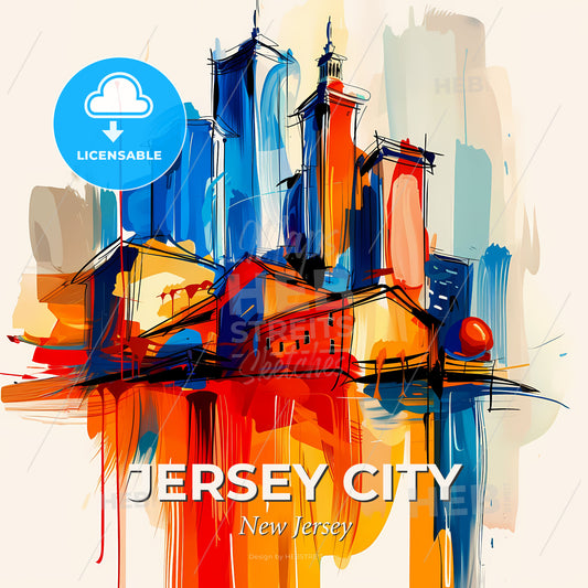 Vibrant Jersey City, New Jersey - A Colorful Painting Of A City - Square format print template