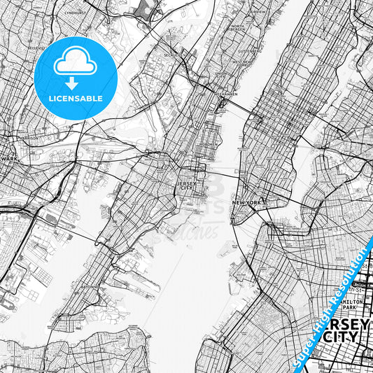 Jersey City, New Jersey light map with streetnames, citynames and districts