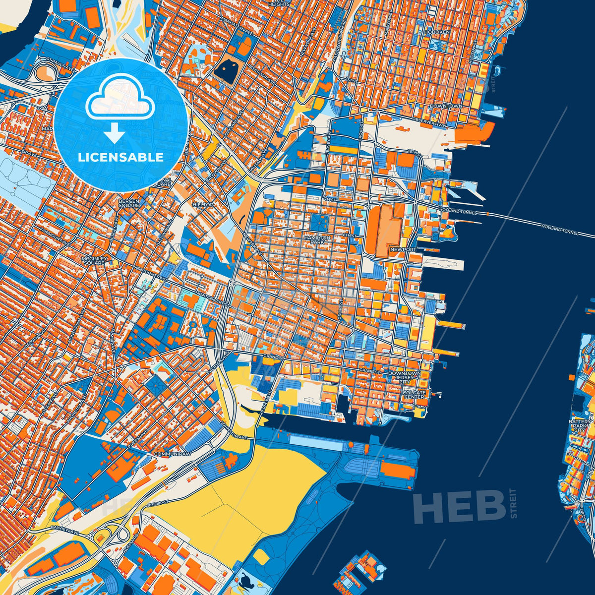 Colorful Jersey City Street Map with Labels and Buildings