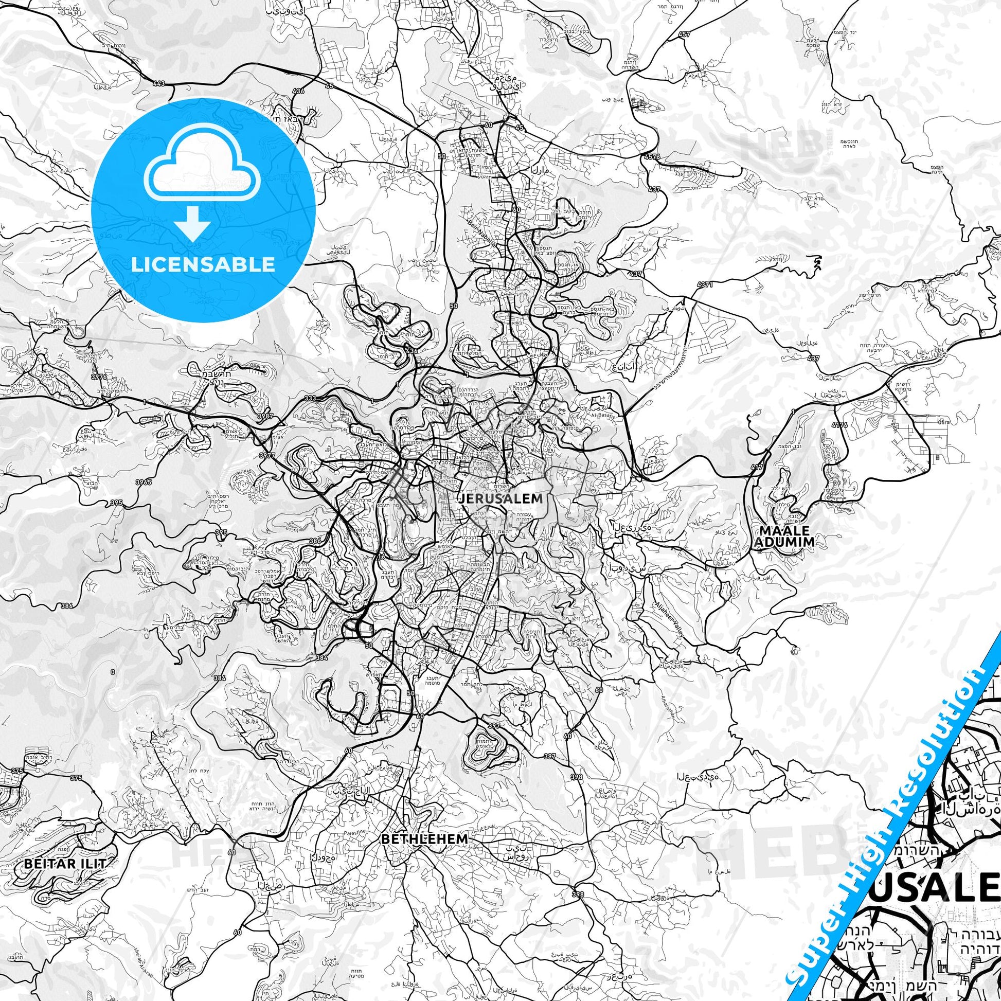 Jerusalem, Israel light map with streetnames, citynames and districts