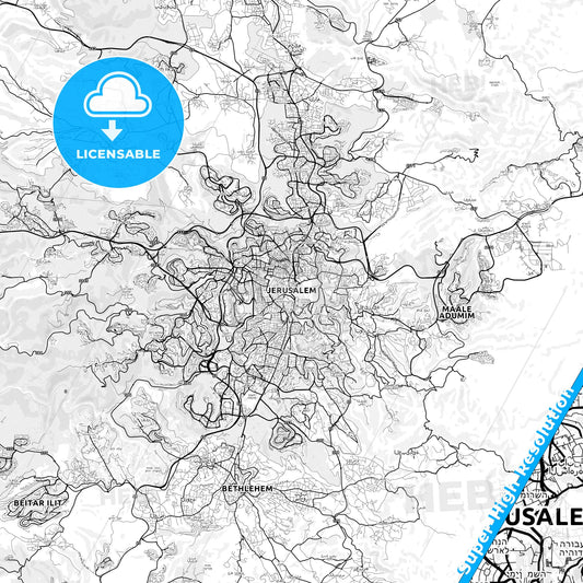 Jerusalem, Israel light map with streetnames, citynames and districts