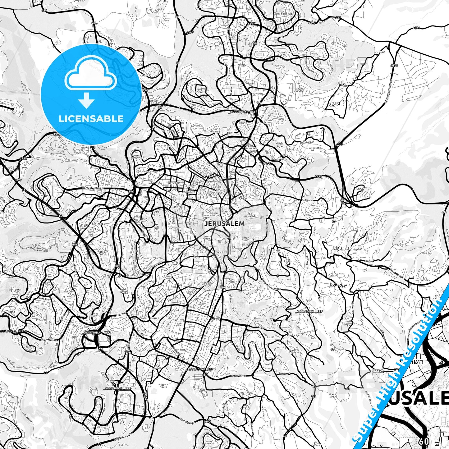 Jerusalem, Israel Light Map with Street Names, City Names, and Districts