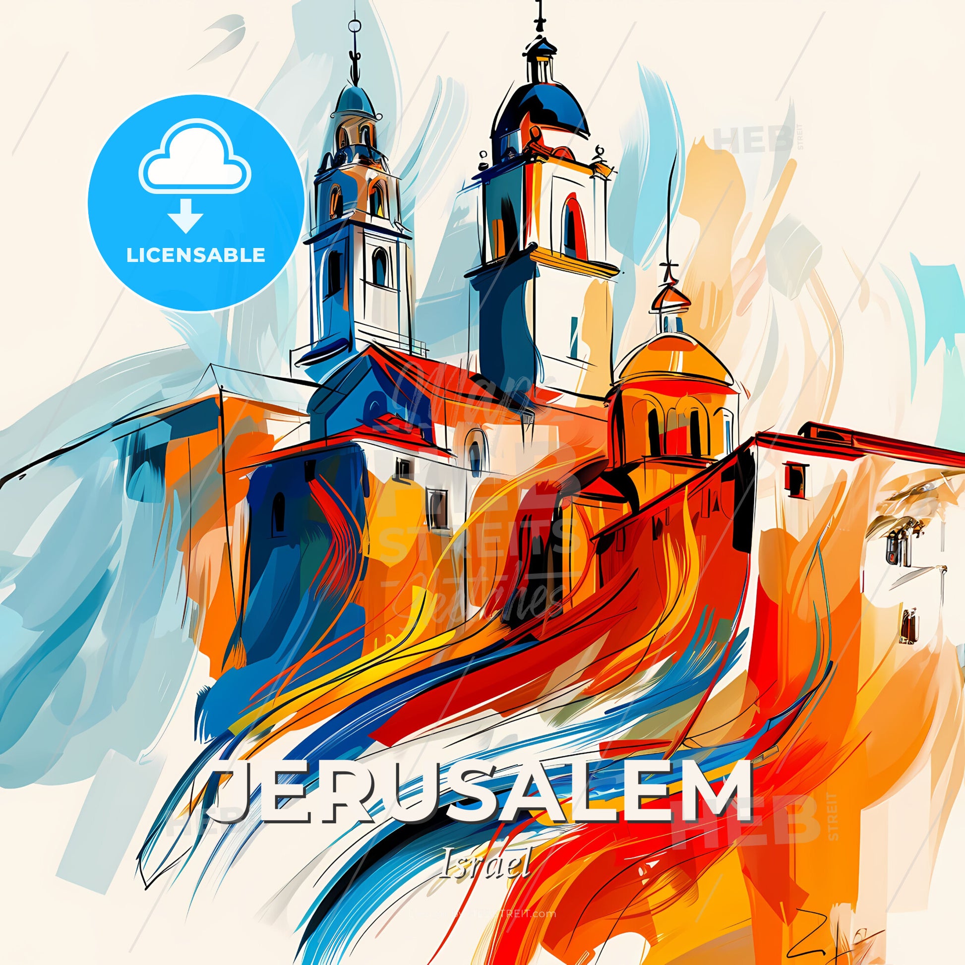 Vibrant Jerusalem, Israel - A Painting Of A Building With Towers - Square format print template