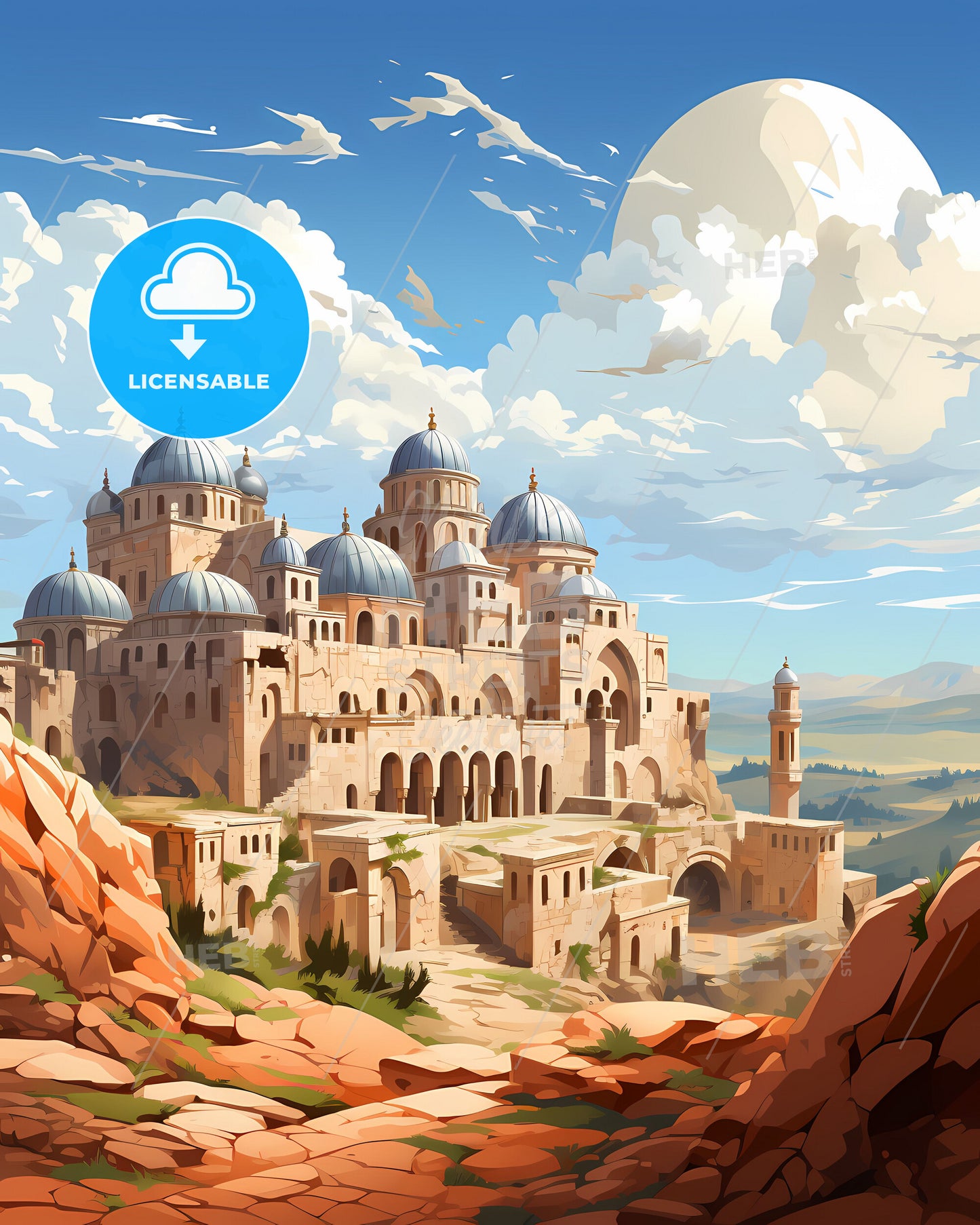 Vibrant Art Painting of Jerusalem Israel Skyline with Castle on Hill