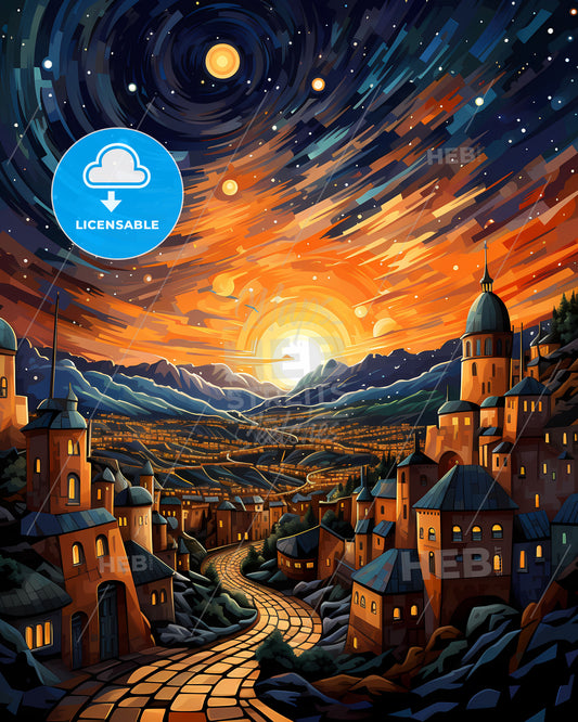 Jerusalem Skyline Painting - Colorful Sky with Stars and Mountains