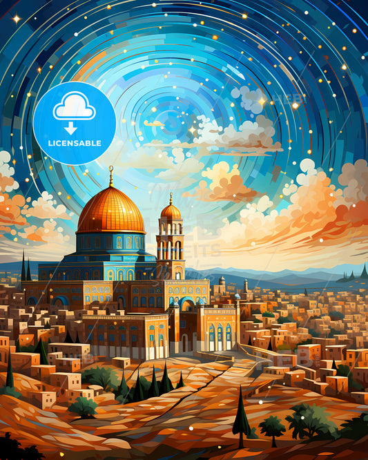 Jerusalem Israel Skyline Painting Art | Artistic Colorful Israel Church Dome Building Vibrant
