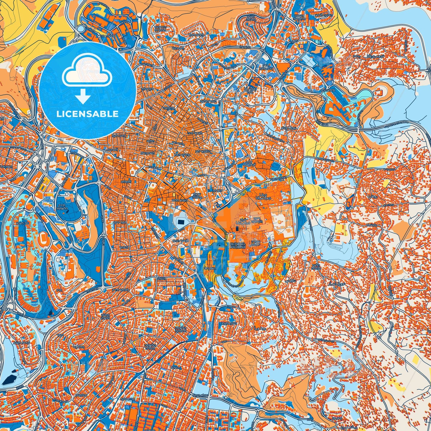Colorful Jerusalem Street Map with Labels and Buildings