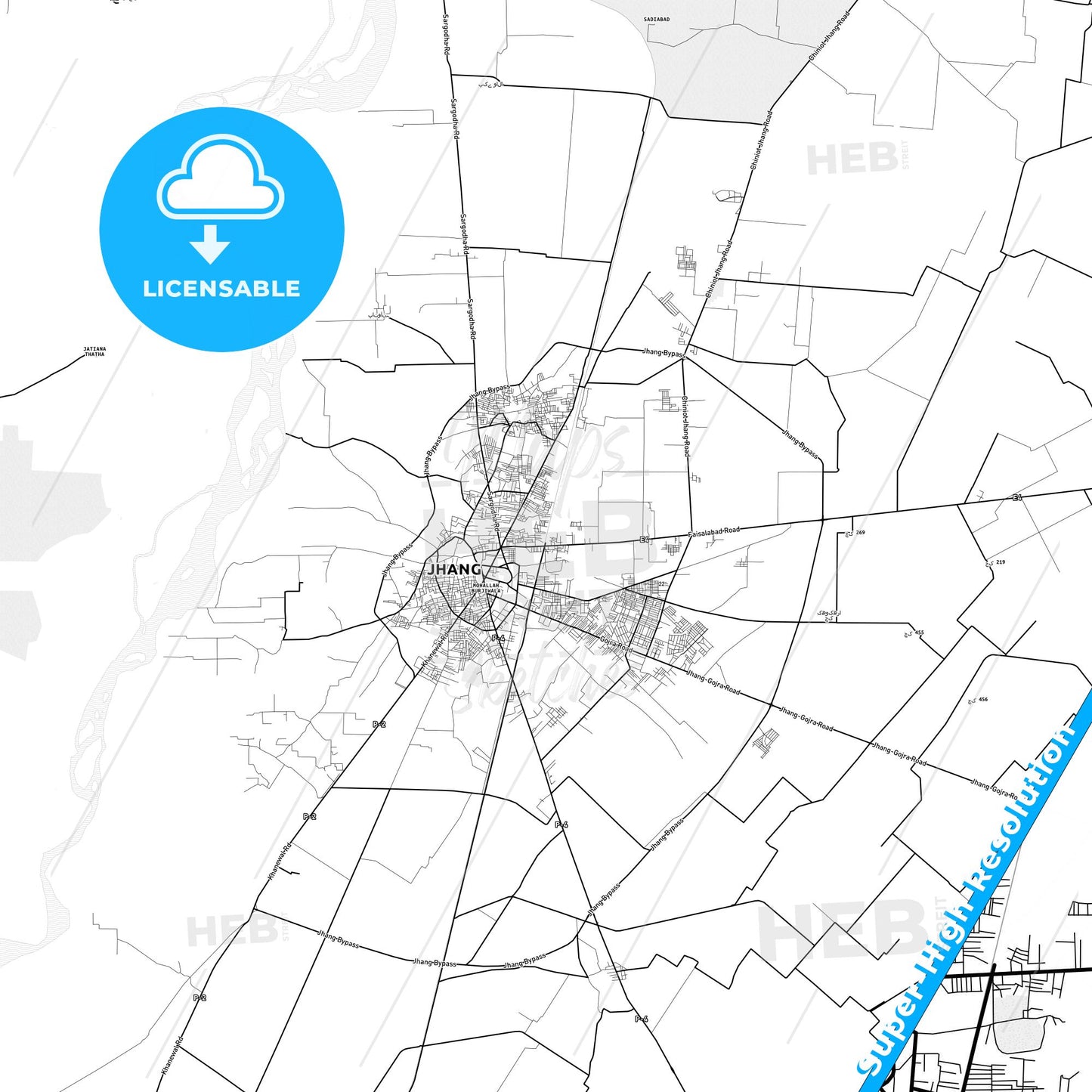 Jhang, Pakistan light map with streetnames, citynames and districts