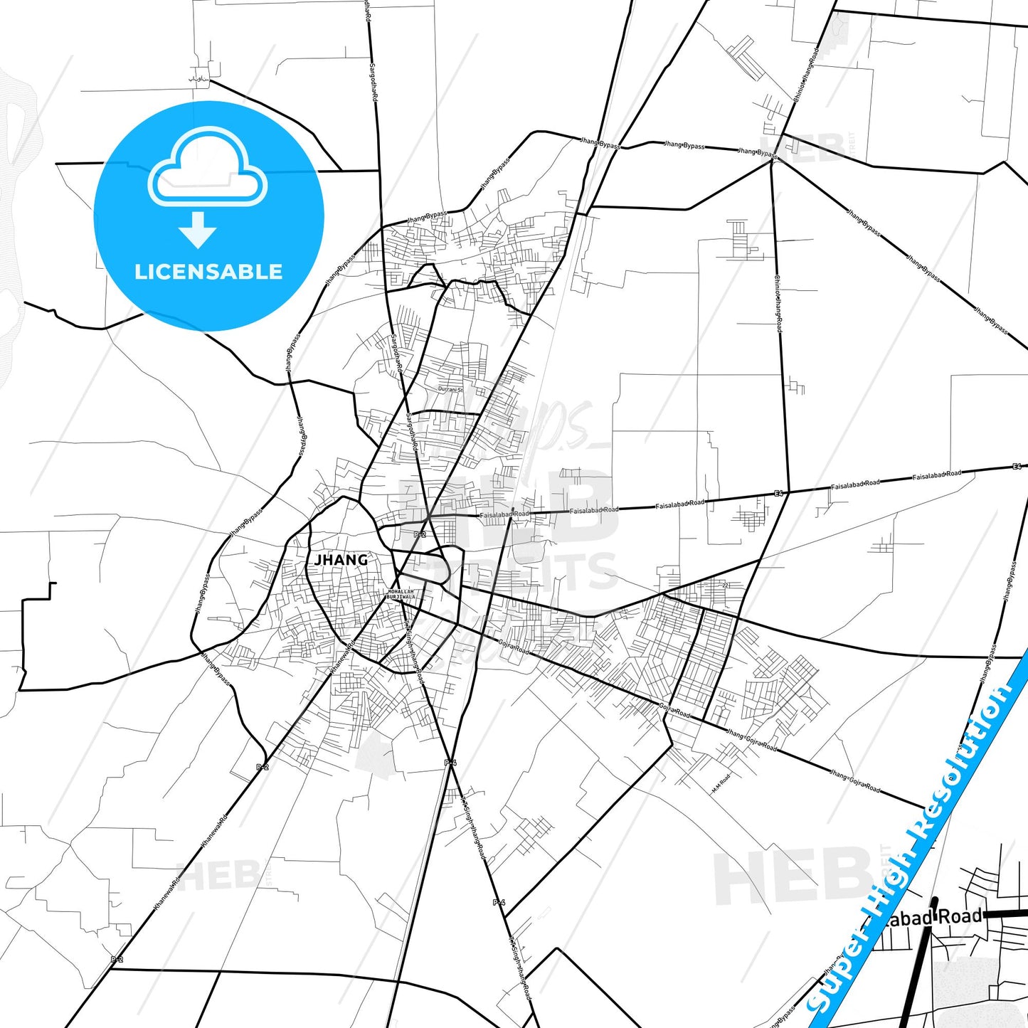Jhang, Pakistan Light Map with Street Names, City Names, and Districts