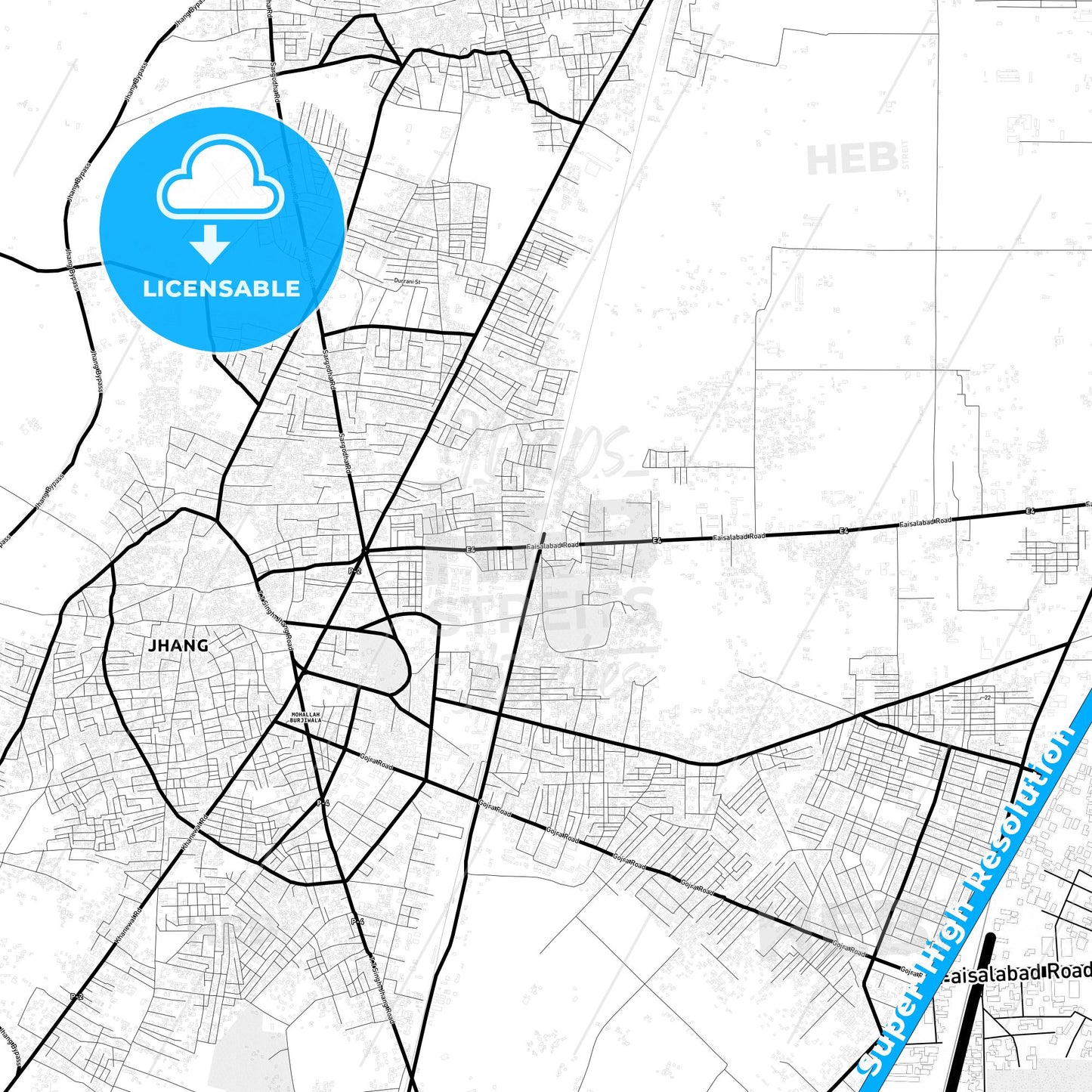 Jhang, Pakistan Light Map with Street Names, City Names, and Districts