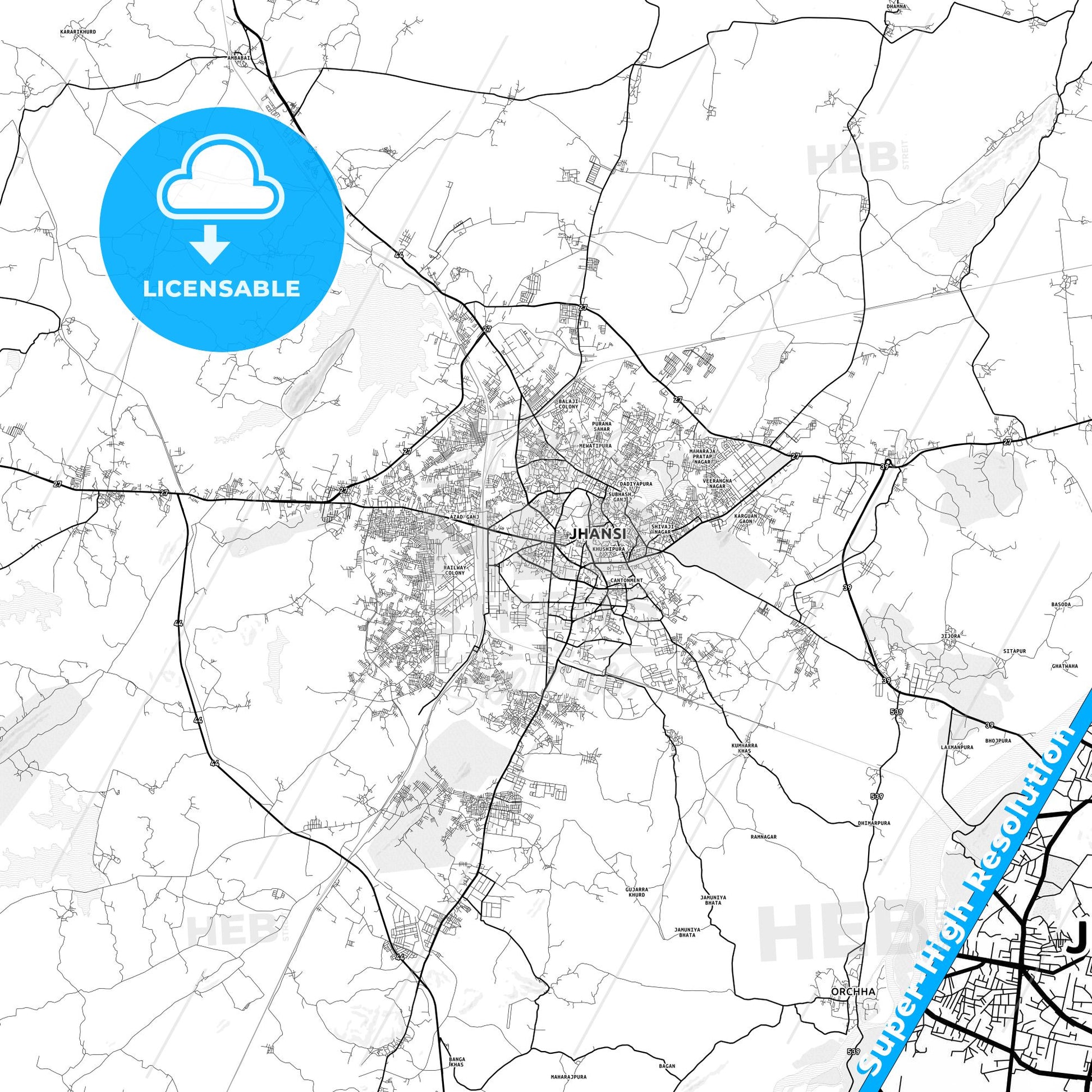 Jhansi, India light map with streetnames, citynames and districts