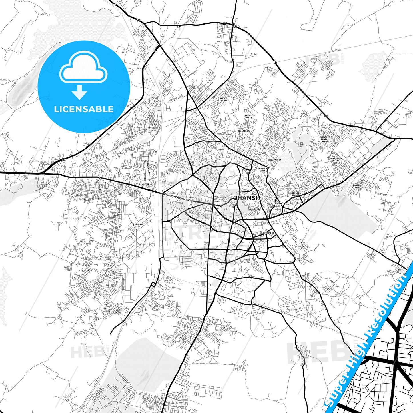Jhansi, India Light Map with Street Names, City Names, and Districts