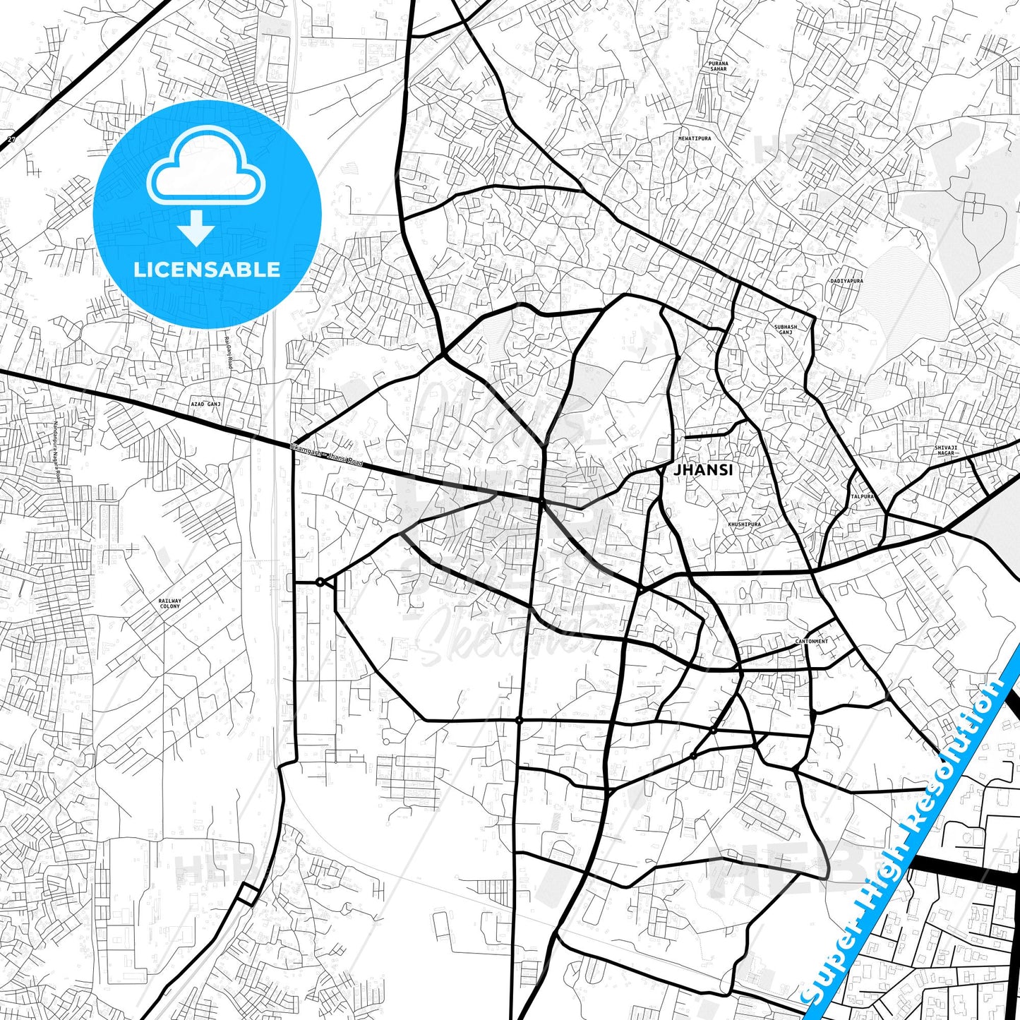 Jhansi, India Light Map with Street Names, City Names, and Districts