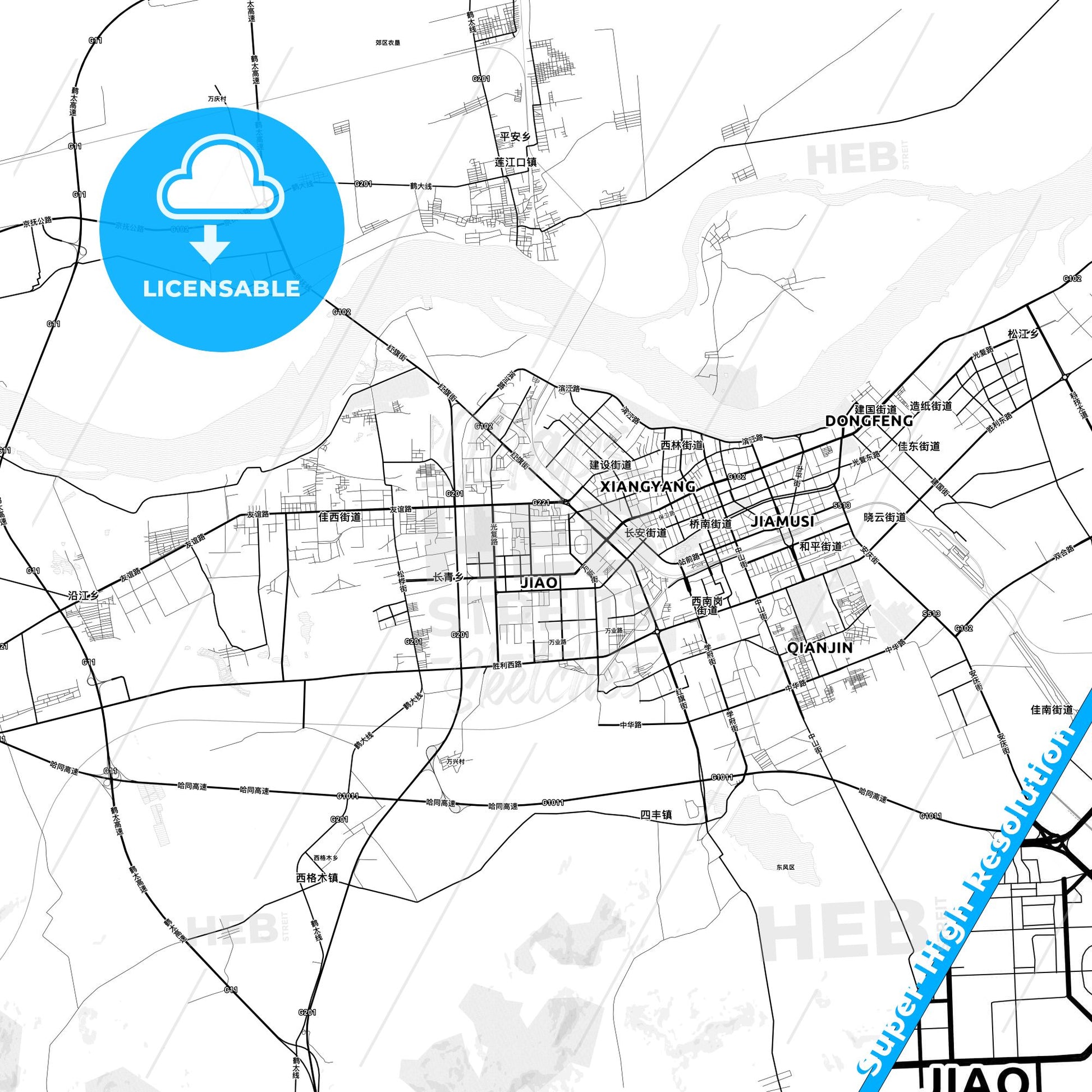 Jiamusi, China light map with streetnames, citynames and districts