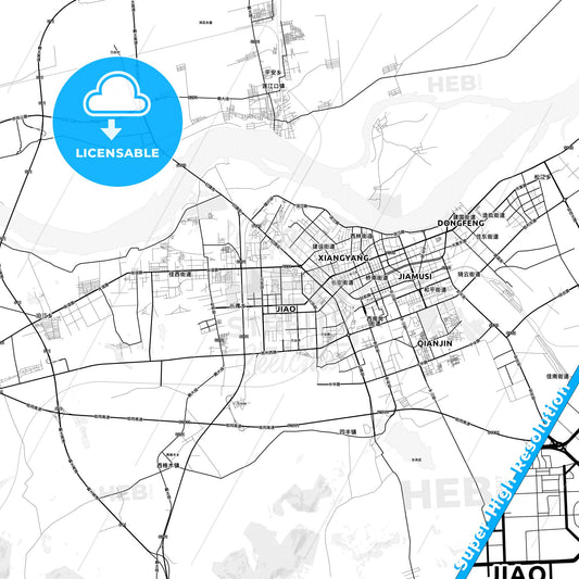 Jiamusi, China light map with streetnames, citynames and districts
