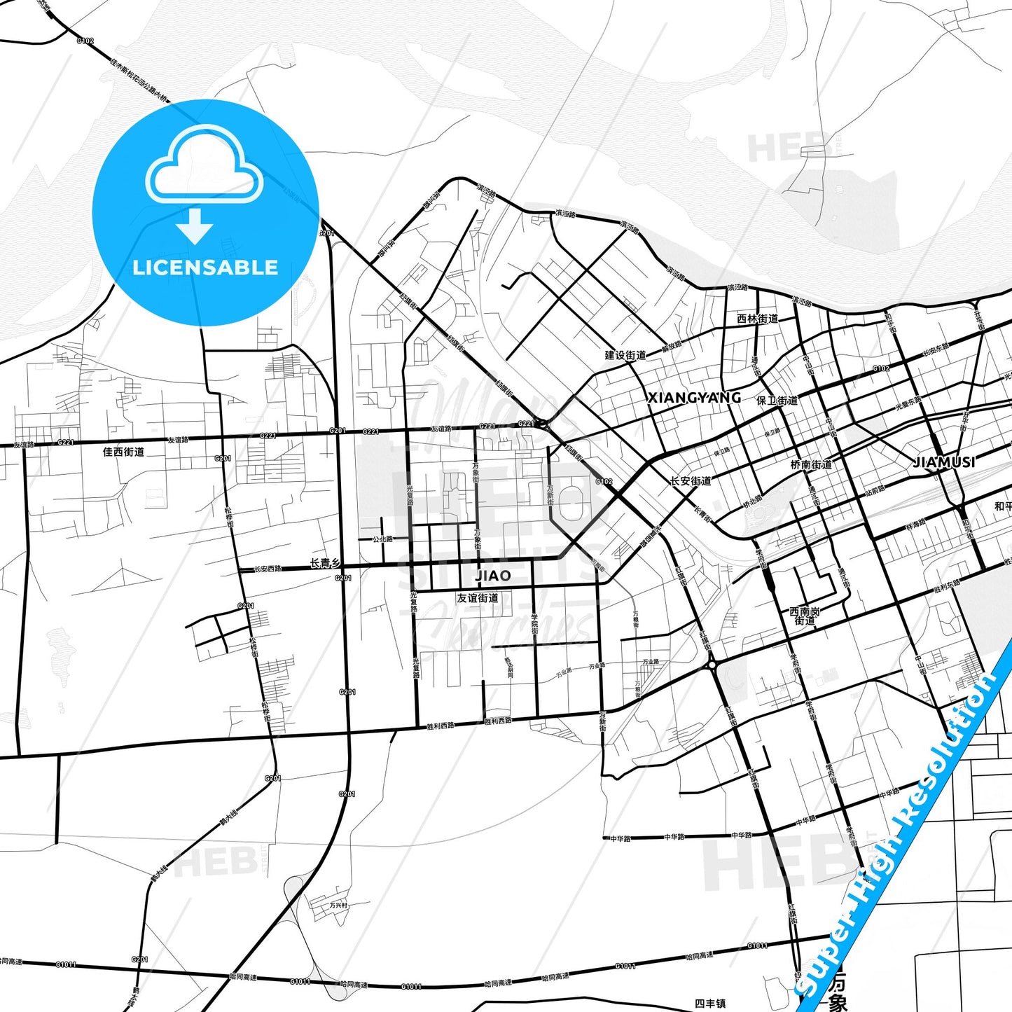 Jiamusi, China Light Map with Street Names, City Names, and Districts