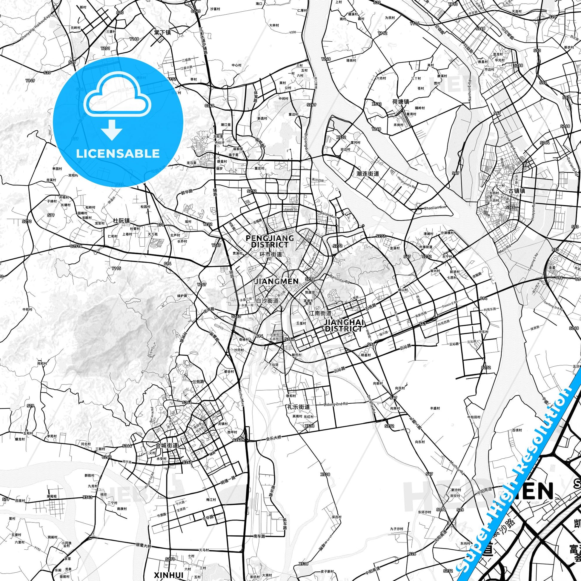 Jiangmen, China light map with streetnames, citynames and districts