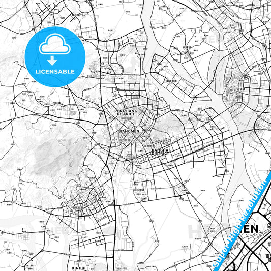 Jiangmen, China light map with streetnames, citynames and districts