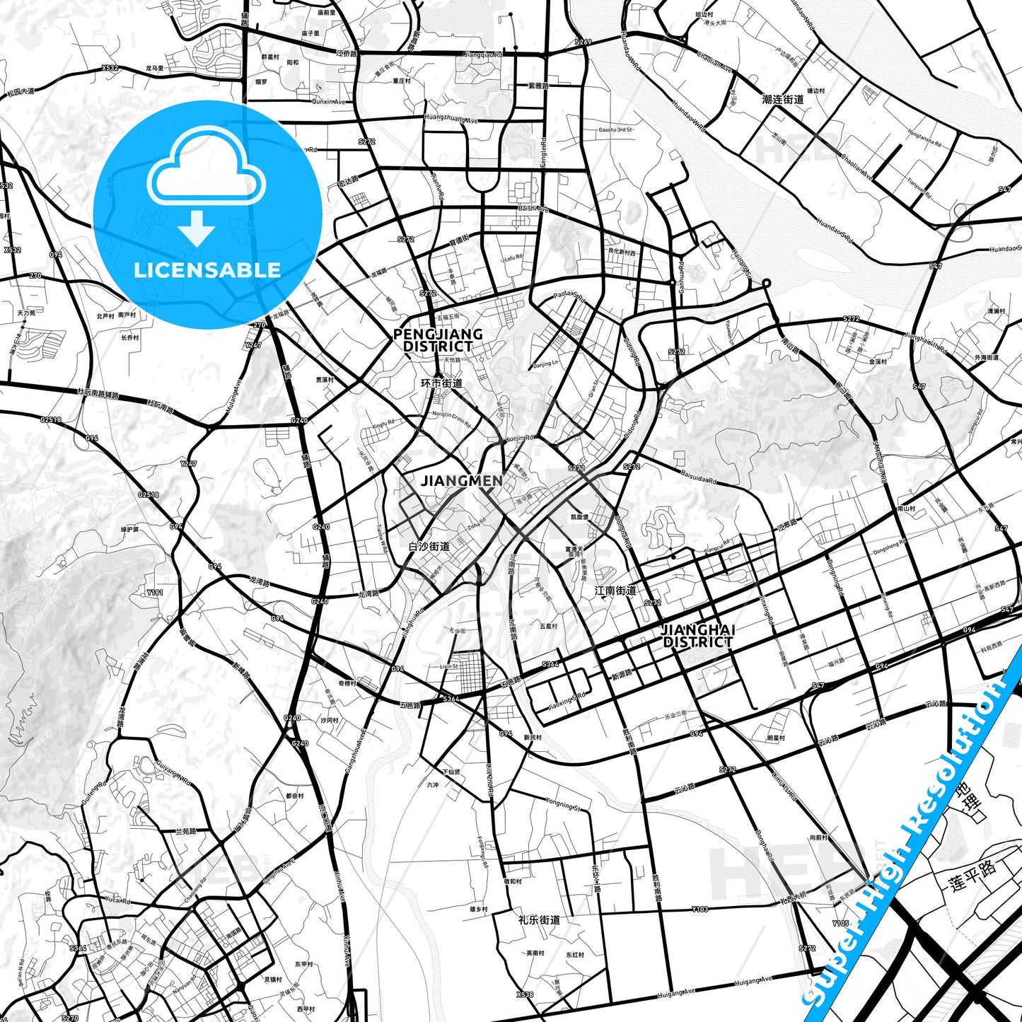 Jiangmen, China Light Map with Street Names, City Names, and Districts