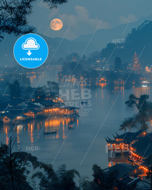 Picturesque Jiangnan Lake Under the Full Moon, Featuring Illuminated Houses, Distant Mountains, and a Minimalist Composition, Award-Winning Photography
