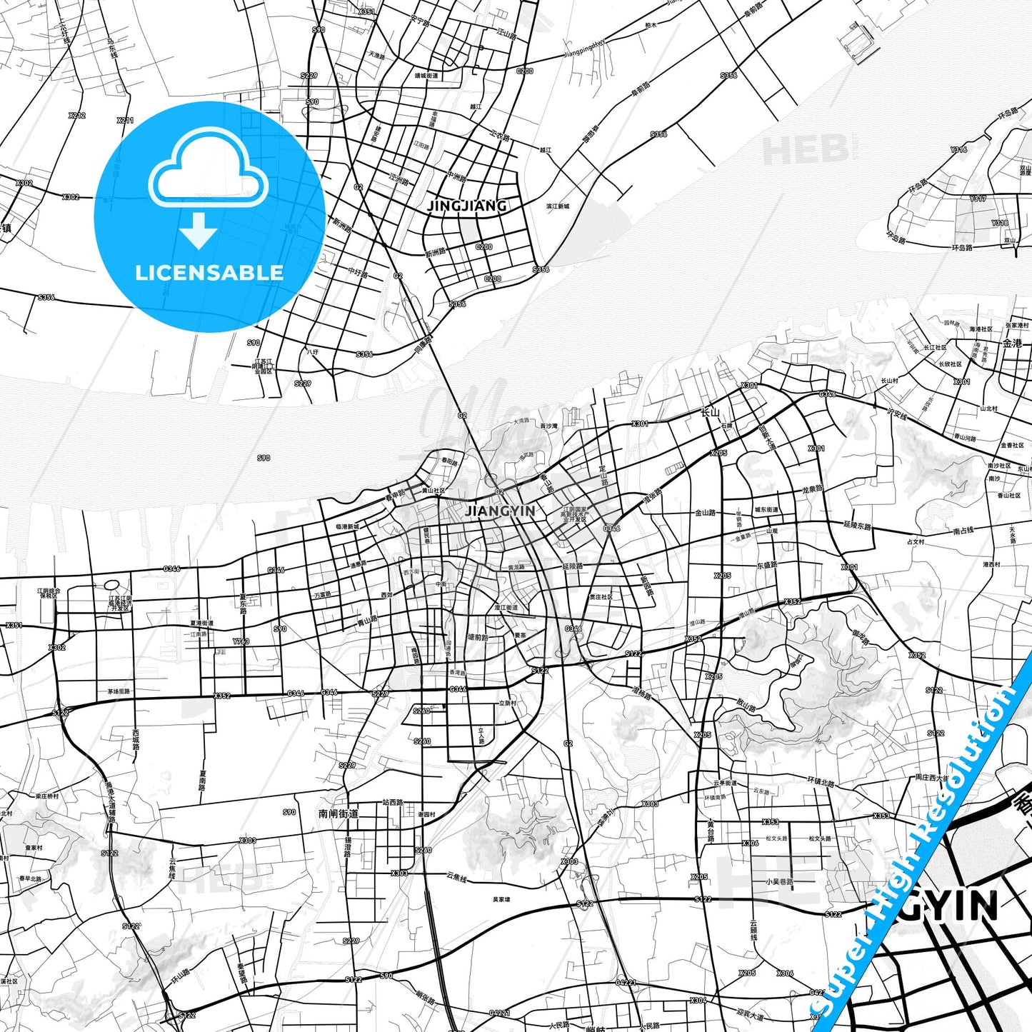 Jiangyin, China light map with streetnames, citynames and districts