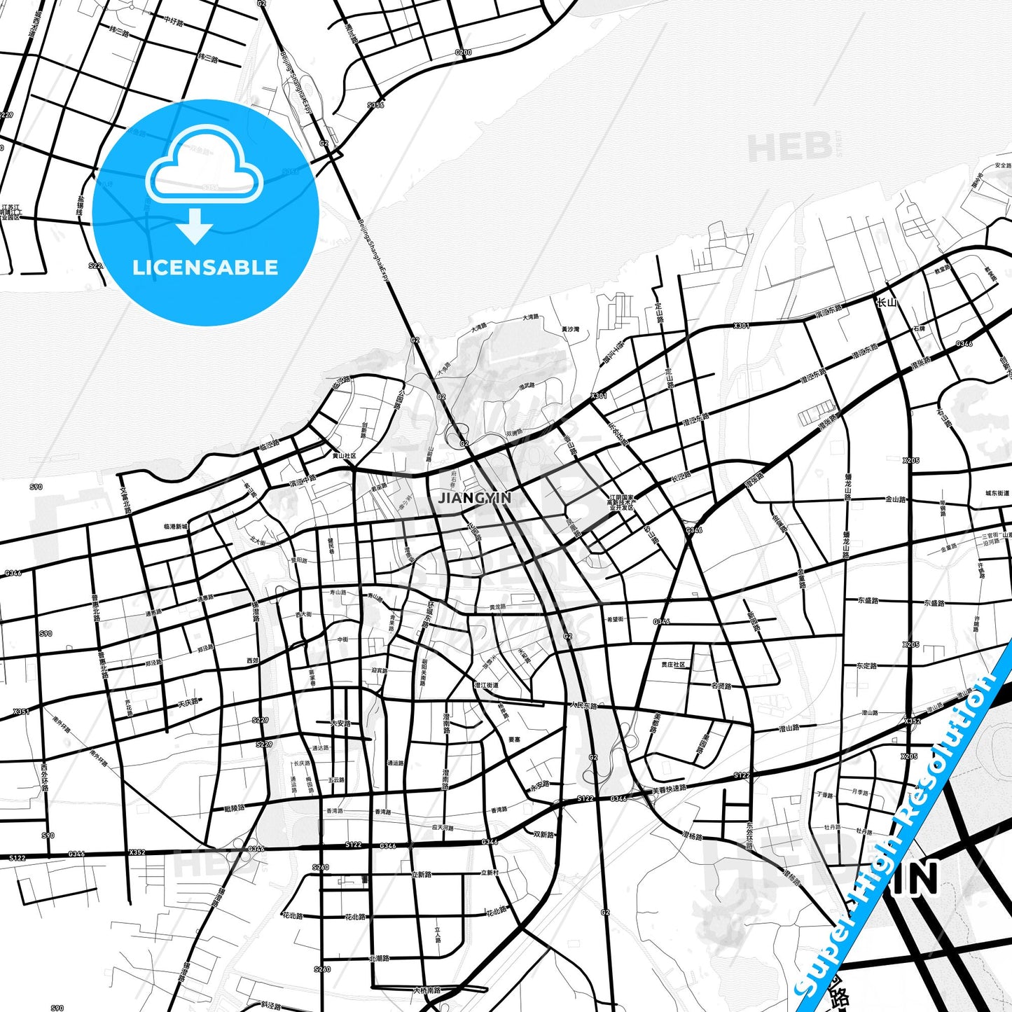 Jiangyin, China Light Map with Street Names, City Names, and Districts