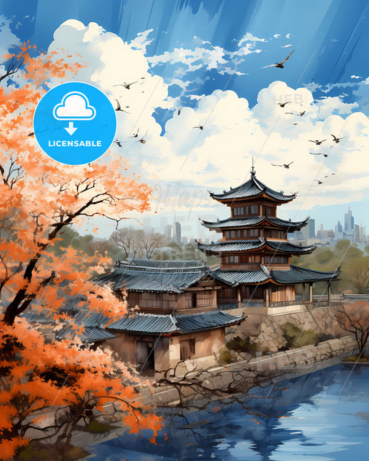 Vibrant Painting of Jiangyin City Skyline with Pagoda and Trees by Riverfront