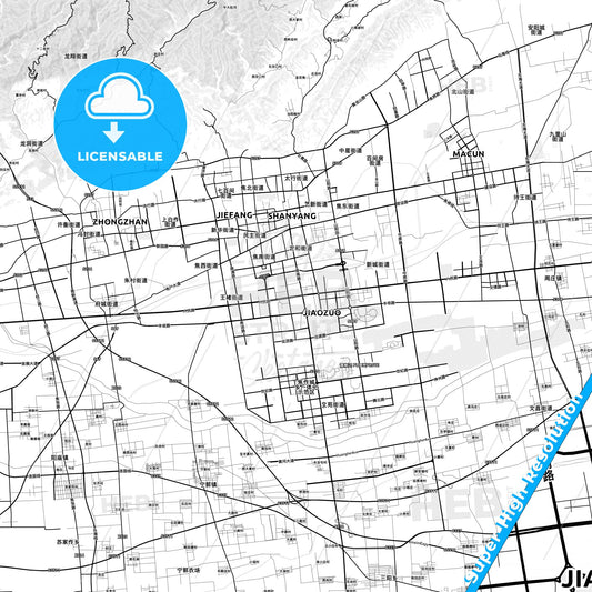 Jiaozuo, China light map with streetnames, citynames and districts