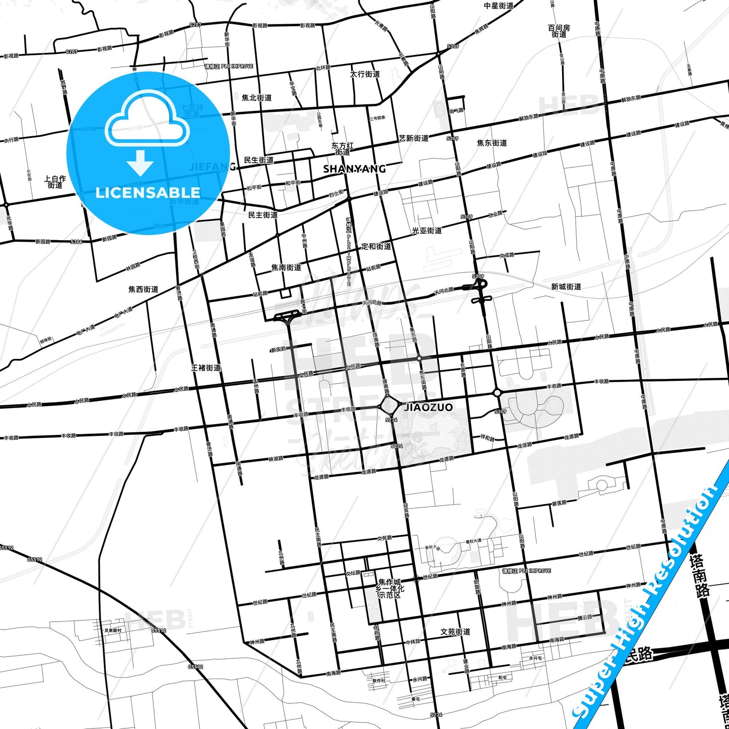 Jiaozuo, China Light Map with Street Names, City Names, and Districts