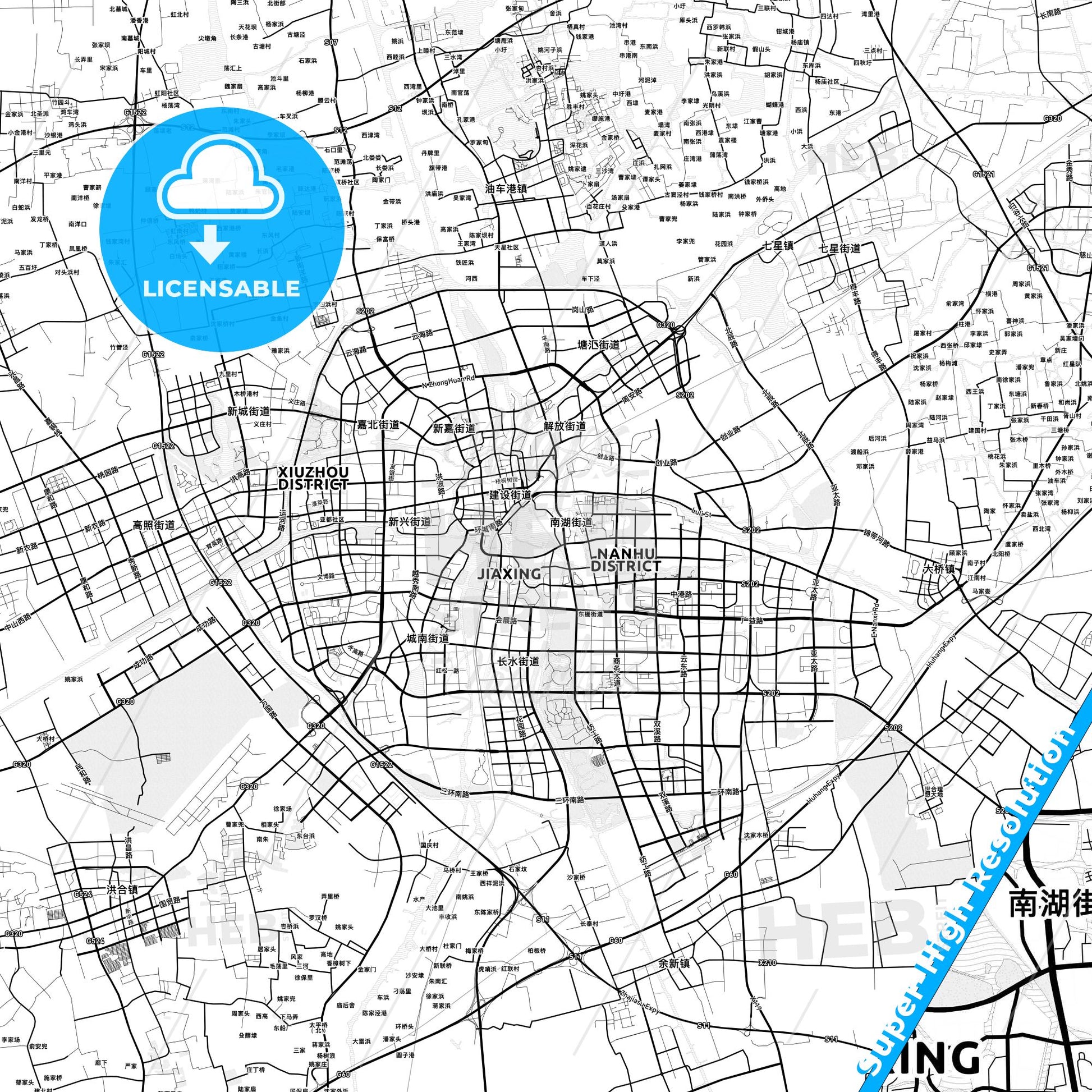 Jiaxing, China light map with streetnames, citynames and districts