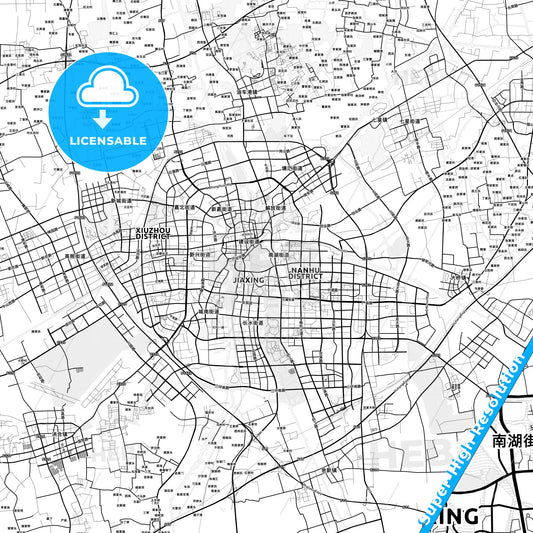 Jiaxing, China light map with streetnames, citynames and districts