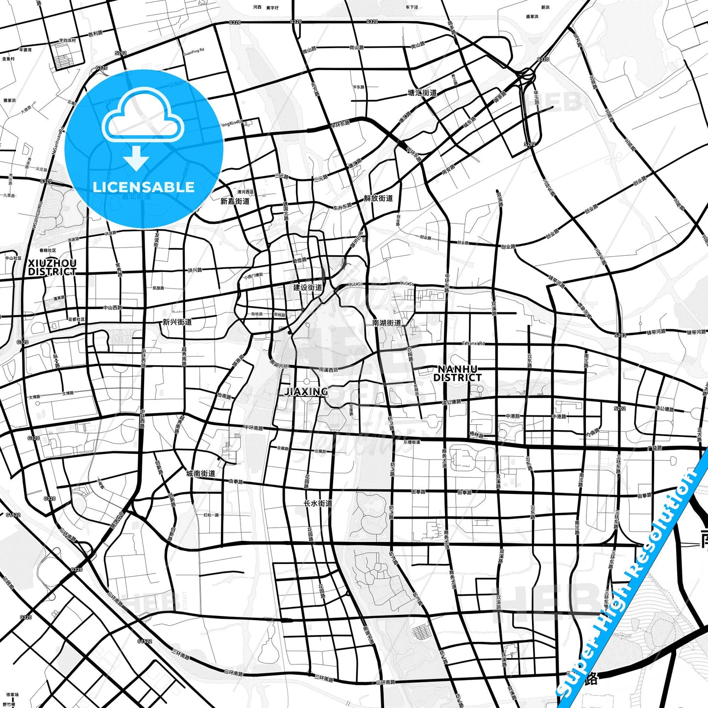 Jiaxing, China Light Map with Street Names, City Names, and Districts