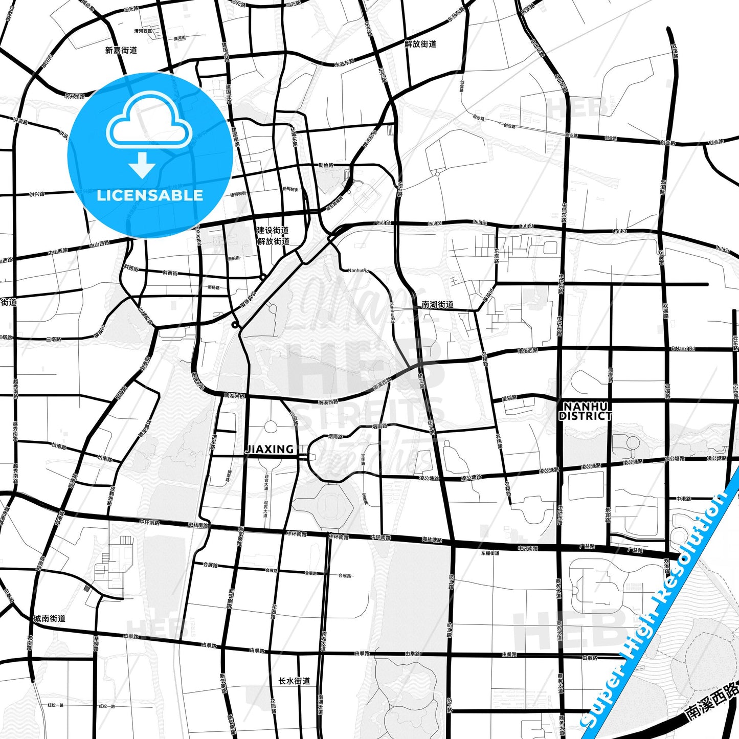 Jiaxing, China Light Map with Street Names, City Names, and Districts