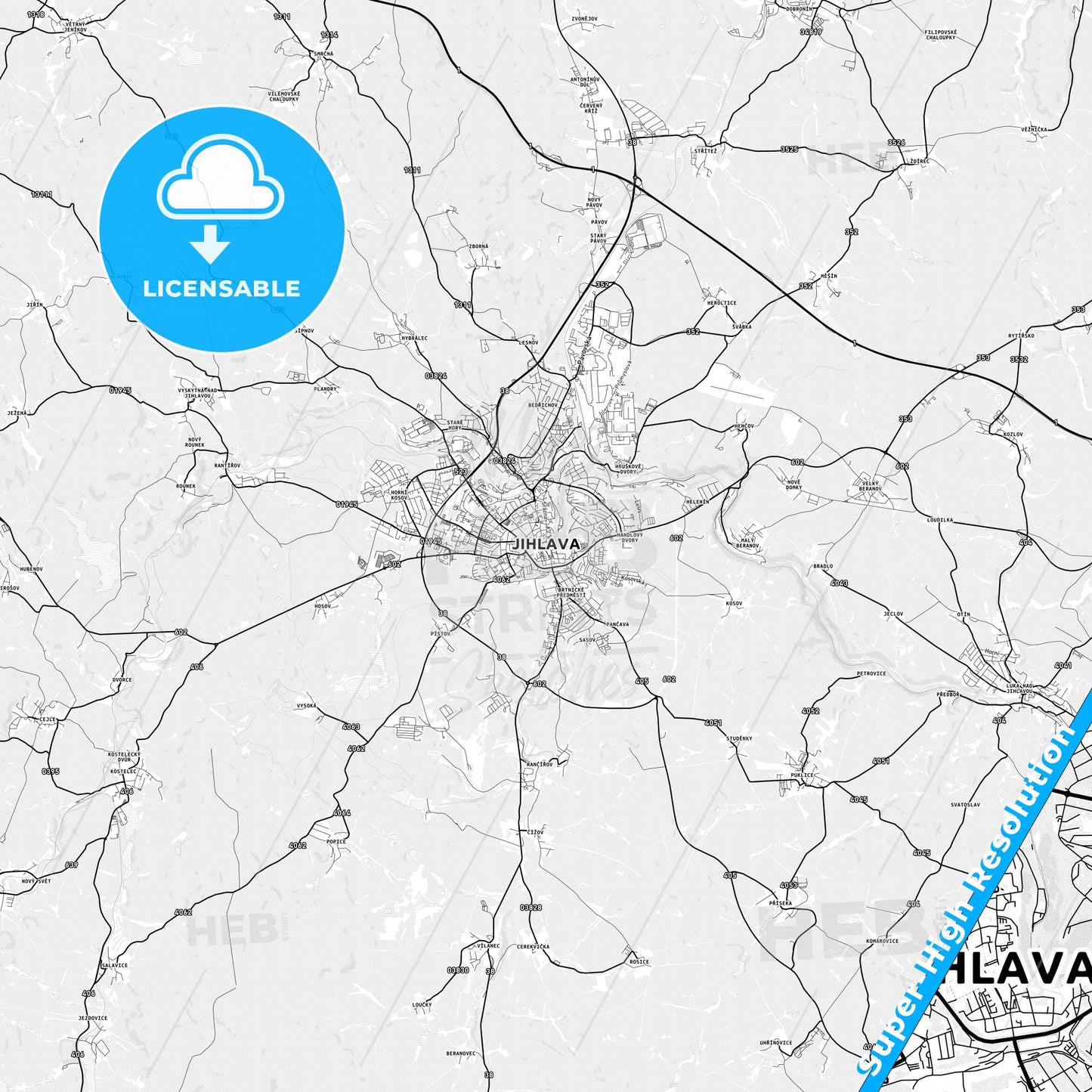 Jihlava, Czechia light map with streetnames, citynames and districts